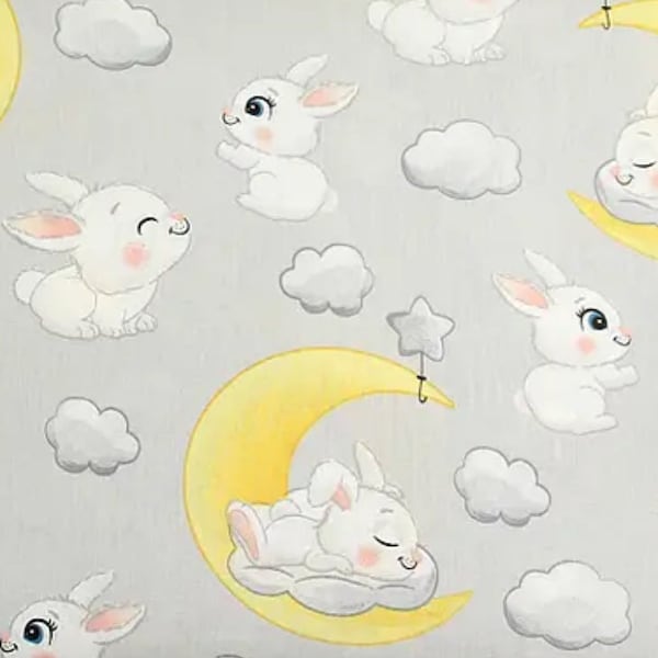 Bunny on a yellow moon gray pillowcase, bunny moon bed linen, bunny cot bed, bunny crib sheets, bunny moon toddler set blanket