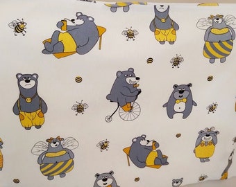 Bears bees fabric 0.67yard & 1.1 yard, bears cotton by the yard, bees cotton by the yard