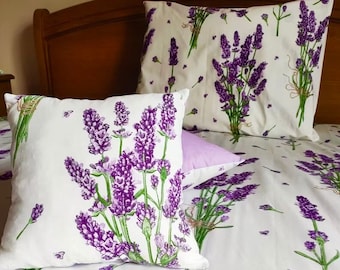 Lavender bedding set, lavender full set, lavender twin size set, lavender cotton pillowcases, floral print bedding set, flowers bedding