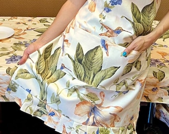 Magnolia kitchen apron, hummingbird women apron, yellow Ukrainian apron, stand with Ukraine apron, birds flower kitchen apron
