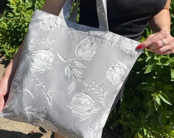 Graue Blumen Einkaufstasche, große graue Einkaufstasche, graue waschbare Einkaufstasche, große wasserdichte Strandtasche, graue Handtaschentasche, graue Strandtaschen