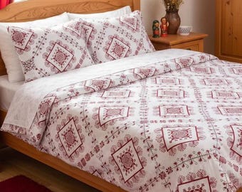 Set di biancheria da letto ucraino in lino rosso, motivo etnico geometrico, stile Vyshyvanka, copripiumino boho, tessuto naturale, arredamento popolare ucraino