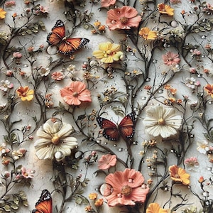 Puede incluir: Un plato de cerámica blanca descansa sobre una superficie texturizada adornada con flores y mariposas en relieve. El diseño presenta flores naranjas, amarillas y crema, con mariposas en tonos naranja y negro. El tema general es floral e inspirado en la naturaleza.
