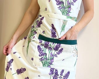 防水ラベンダー花柄エプロン、テフロン加工コットンキッチンエプロン
