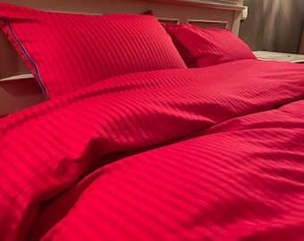 Juego de ropa de cama de satén con rayas rojas, sábanas de algodón turco