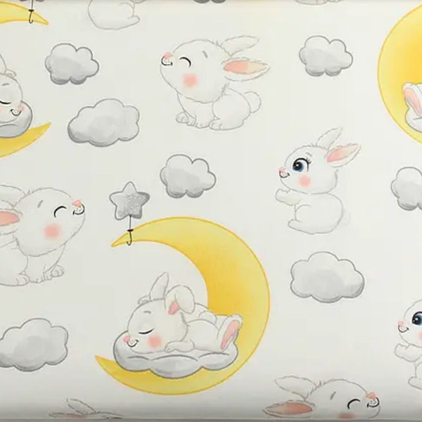 Bunny on a yellow moon pillowcase, bunny moon bed linen, bunny cot bed, bunny crib sheets, bunny moon toddler set blanket