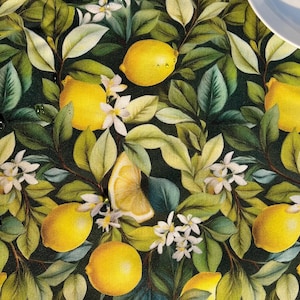 Big lemons waterproof tablecloth, dark leaves lemon table top runner, lemons leaves tablecloth, square table cloth, lemon napkins