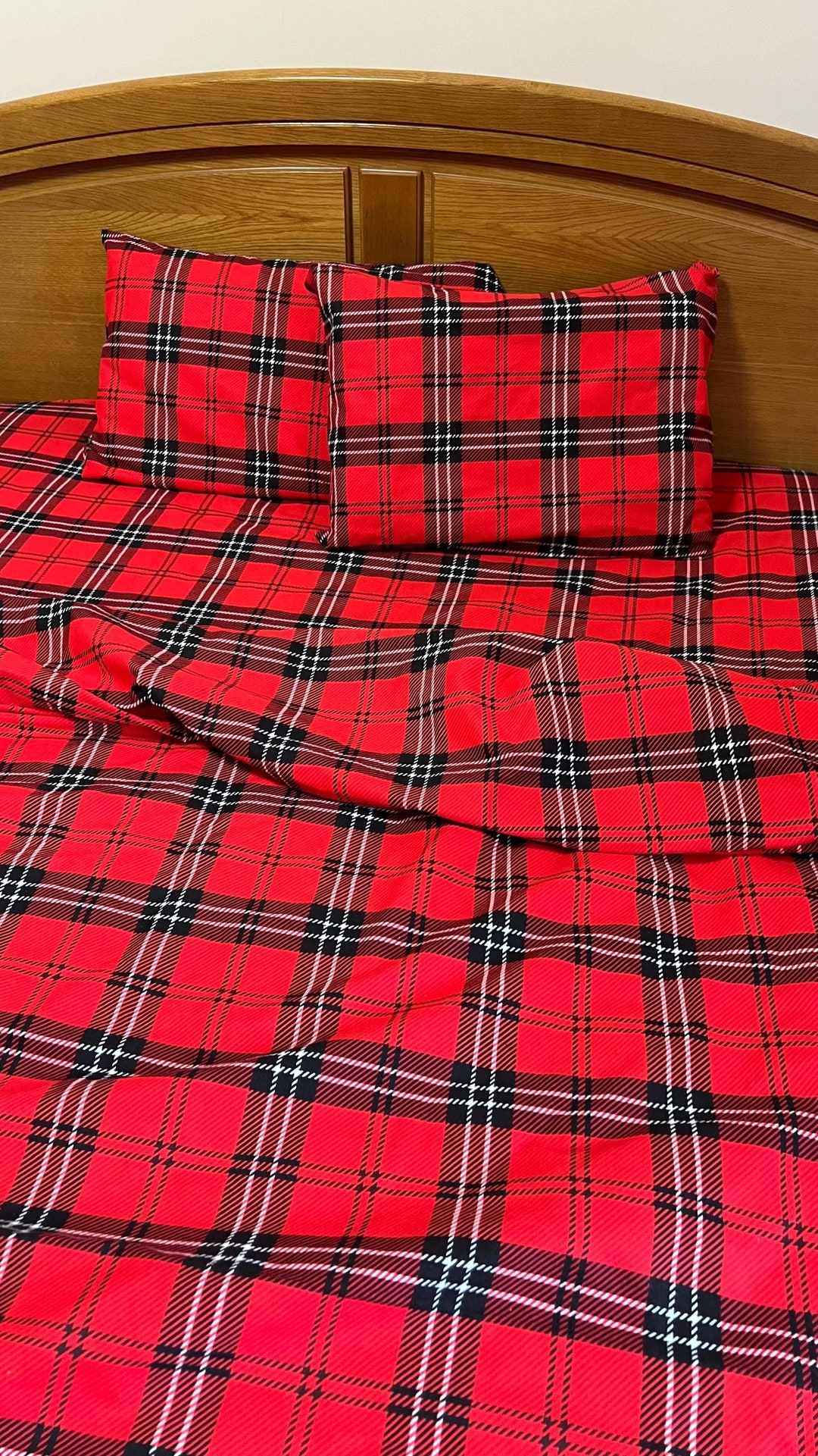 赤黒チェック柄フランネル枕カバー、フランネルモダンレッドリネン
