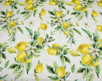 May include: White fabric with a repeating pattern of yellow lemons, green leaves, and white blossoms. The watercolor-style design features clusters of lemons with detailed foliage, creating a fresh, summery aesthetic. Ideal for home decor or crafting projects.