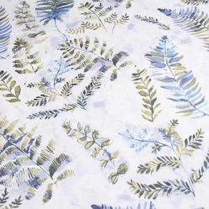 May include: A white background with a repeating pattern of blue and green fern leaves. The leaves are painted in a watercolor style and have a soft, faded look.