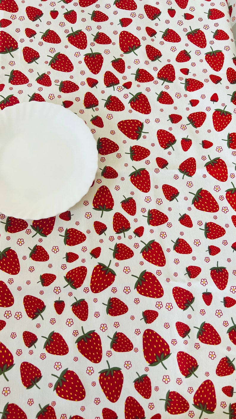 Strawberry waterproof tablecloth, strawberry table runner, summer tablecloth, berry tablecloth, flower tablecloth, small print tablecloth image 1