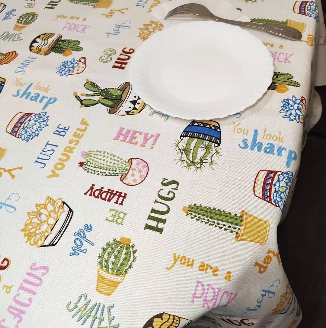 Waterproof Cactus Tablecloth, White Tablecloth, Teflon Tablecloth