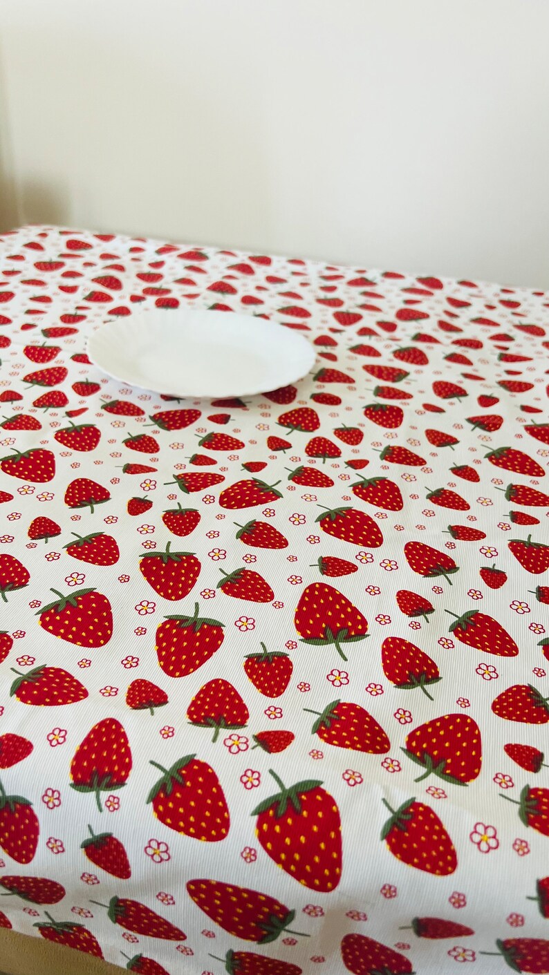 Strawberry waterproof tablecloth, strawberry table runner, summer tablecloth, berry tablecloth, flower tablecloth, small print tablecloth image 2