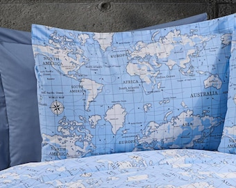 Juego de ropa de cama de algodón con mapa del mundo azul, tamaños para niños, adultos, bebés, niños pequeños, camas individuales y camas tamaño king.