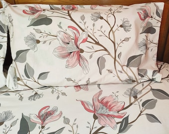 Flowers magnolias bedding set, magnolia full set, magnolias twin size set,  flowers cotton pillowcases, floral magnolias bedding set
