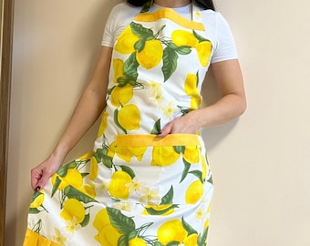 Delantal de cocina con limones grandes, delantal de mujer con limones brillantes, delantal con frutas amarillas y blancas, delantal para niña adorable, regalo para mujer hermosa, accesorios de cocina