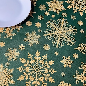 Green Christmas Tablecloth, Gold Snowflakes, Teflon Coated Cotton