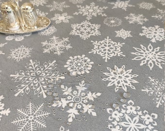 Waterproof Christmas Tablecloth, Gray with White Snowflakes, Teflon Coated
