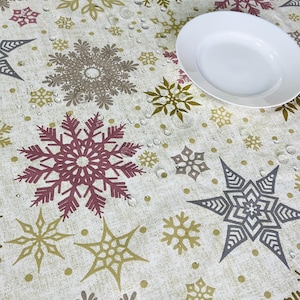 Beige pink snowflakes Christmas tablecloth, big Christmas tablecloth, brown beige snowflakes placemats, brown beige Christmas table runner
