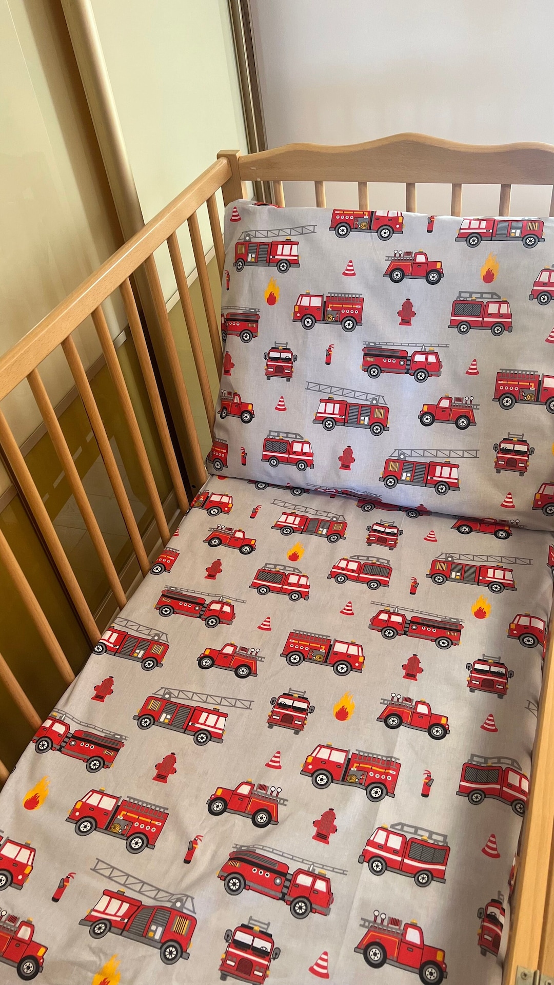 Grey Firetrucks Pillowcase, Boy Crib Bedding Fire Truck, Toddler Set