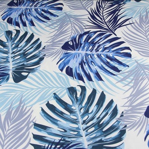 Blauw tafelkleed monstera palmblad, teflonkatoen, tropisch decor