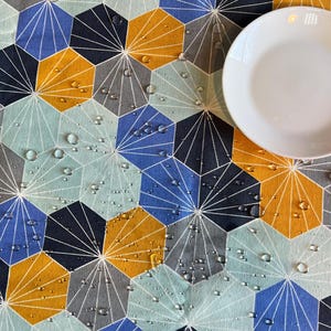 以下が含まれることがあります： 青、黄色、グレーの幾何学模様のテーブルクロスをクローズアップ。表面に水滴が落ちています。白い皿がテーブルクロスの上に置かれています。