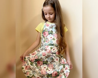 Pink roses apron for girls, pink flowers apron, kids girl apron, gift for girls kids, waterproof kitchen girls apron