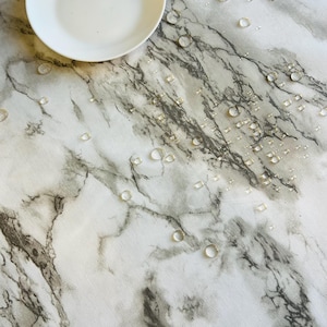 May include: A white plate sits on a marble-patterned tablecloth with water droplets. The tablecloth has a white base with gray veining, and a few pink and yellow roses are in the upper right corner. The plate is round and empty.
