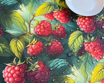 Raspberry waterproof tablecloth, berry square table cloth round table top, Cottagecore Kitchen Decor, Washable Cotton Dining Table Cover