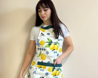 Delantal de cocina Lemon Olives, tejido impermeable de teflón, regalo para ella.