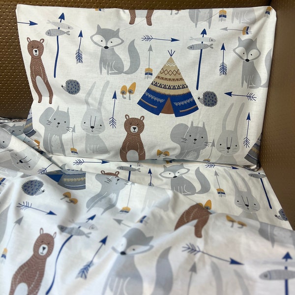 Ensemble de literie animaux de la forêt Wigwams, lit de bébé animaux wigwams, ensemble pour tout-petits animaux de la forêt, taies d'oreiller en coton animaux, ensemble de literie pour enfants