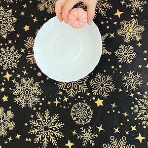 Black Christmas tablecloth, gold snowflakes tablecloth, white Xmas tablecloth, black winter tablecloth, black new year tablecloth