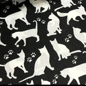 White cats on black cotton fabric, Fat quarters cats, black white cats fabric by the yard, cotton cats by the yard