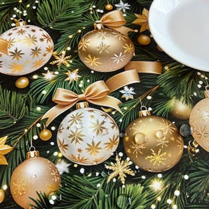 May include: A festive fabric tablecloth featuring a dark green pine branch pattern decorated with gold and white Christmas ornaments, including spherical baubles with snowflake designs and satin ribbons, alongside a plain white ceramic plate.
