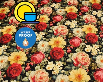 May include: Black fabric with a floral print featuring red, yellow, and white roses, daisies, and other flowers. The fabric is labeled "WATERPROOF".