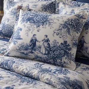 May include: A rectangular pillowcase and matching bedding set featuring a white base with a blue toile de Jouy pattern. The design depicts a scene of two figures holding hands in a garden setting surrounded by detailed floral and botanical motifs.
