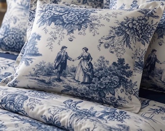 Parure de lit Toile de Jouy française, housse de couette champêtre vintage, décoration de chambre cottagecore, esthétique de chambre de style cottagecore classique et luxueuse