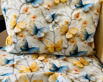 Butterfly Bedding Set, Blue Yellow 3D Print, Turkish Cotton