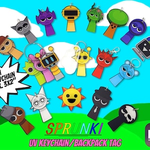 May include: A collection of colorful UV keychain and backpack tags, each approximately 3x2 inches. The tags feature various cartoon characters and designs, including a sun, robot, and skull. The word "SPRUNKI" is displayed in green, with the text "UV KEYCHAIN/BACKPACK TAG" below.