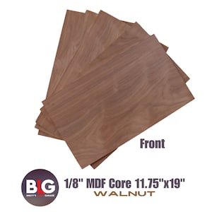 May include: Five sheets of 1/8" MDF core walnut veneer, each measuring 11.75" x 19". The sheets are stacked on top of each other, with the top sheet showing the front side of the veneer.