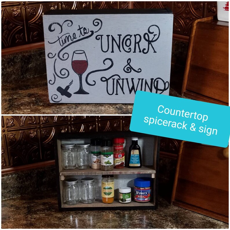 Kitchen decor sign and Spice Rack hand painted original design for the wine enthusiast and made with 100/% reclaimed wood