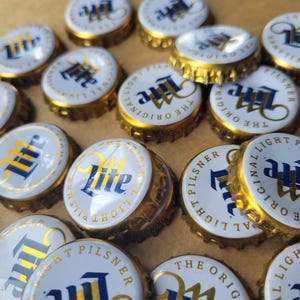 Miller Lite Beer Bottle Cap - imperfect with dents, creases, dimples - white and gold caps, recycled, upcycled, repurposed -Lot of 150 caps