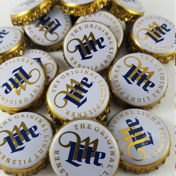 25 Beer Bottle Caps - Miller Lite - slightly imperfect w/ opener dimple - White Gold Blue cap - recycled - upcycled- repurposed