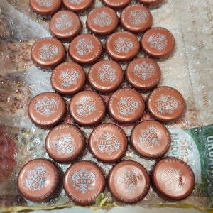 Beer Bottle Caps - Smirnoff - imperfect with dents, creases - orange copper - repurposed for crafting - Lot of 25 caps