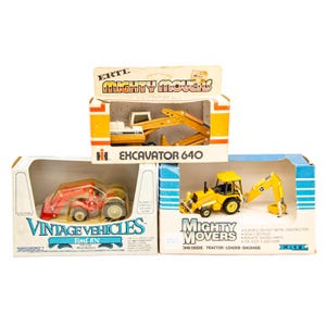 Vintage Ertl 1/64 Diecast Tractor Excavator Backhoe Lot of 3 - Mighty Movers