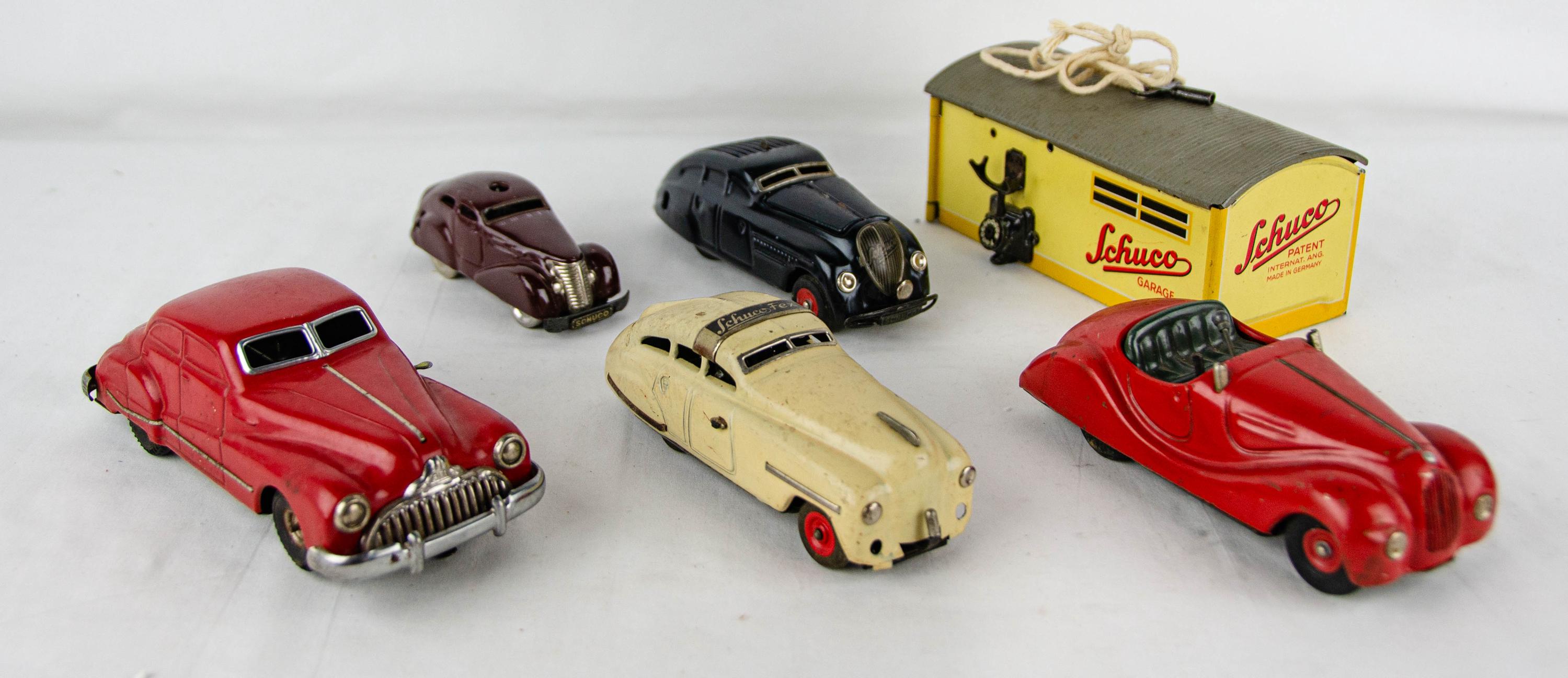 Working Vintage Assorted Schuco Windup Tin Toy Cars & Garage 6P