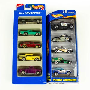 Vintage 1995 Hot Wheels 5 Car Gift Pack Lot 50s Favorites & 2000 Police Cruisers