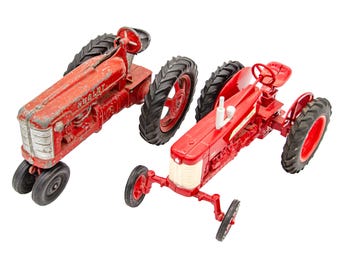 Lote de 2 tractores cargadores vintage de fundición a escala 1/16, juguetes agrícolas Ertl Farmall 350 + Hubley