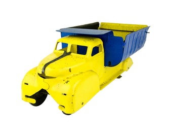 SUPER RARE Vintage Pressed Steel 18" Dump Truck - Yellow/Blue