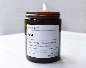 Rest Wellbeing Aromatherapy Scented Candle 180ml Lavender and Patchouli Plant Wax Plastic Free Gift